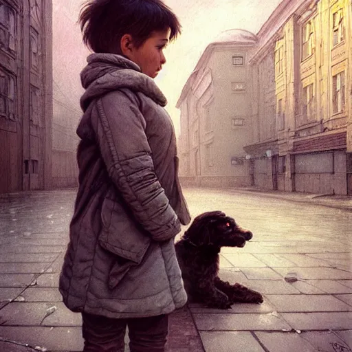 Prompt: A portrait of a kid with a dog on the street of a Soviet city on the moon, Norilsk, sci-fi, fantasy, intricate, very very beautiful, elegant, highly detailed, digital painting, artstation, concept art, smooth, sharp focus, illustration, art by artgerm and greg rutkowski and alphonse mucha