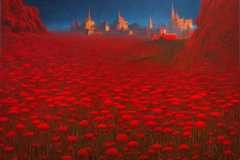 Image similar to only with red, red flowers of different types, a castle in the background, red orcs and trolls dance over the flowers, in the style of beksinski, part by hopper, part by rodcenko, part by hofbauer, intricate composition, red by caravaggio, insanely quality, highly detailed, masterpiece, red light, artstation