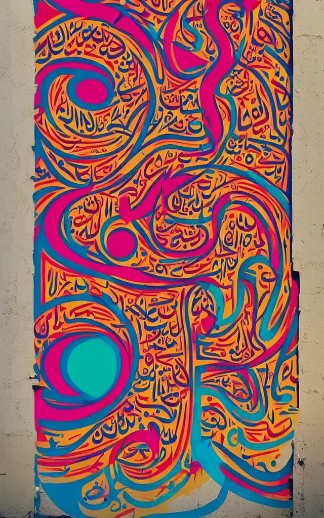 Prompt: colorful arabic caligraphic poster street art style by el seed, yazan halwani,