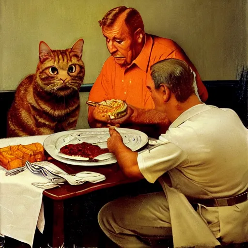 Image similar to fat orange tabby cat next to curly haired man and lasagna on table, norman rockwell