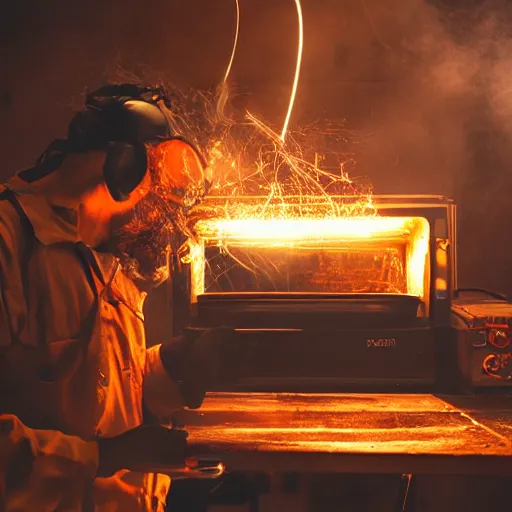 Image similar to cyborg toaster oven repairman, dark messy smoke - filled cluttered workshop, dark, dramatic lighting, orange tint, sparks, plasma rays, cinematic, highly detailed, sci - fi, futuristic, movie still