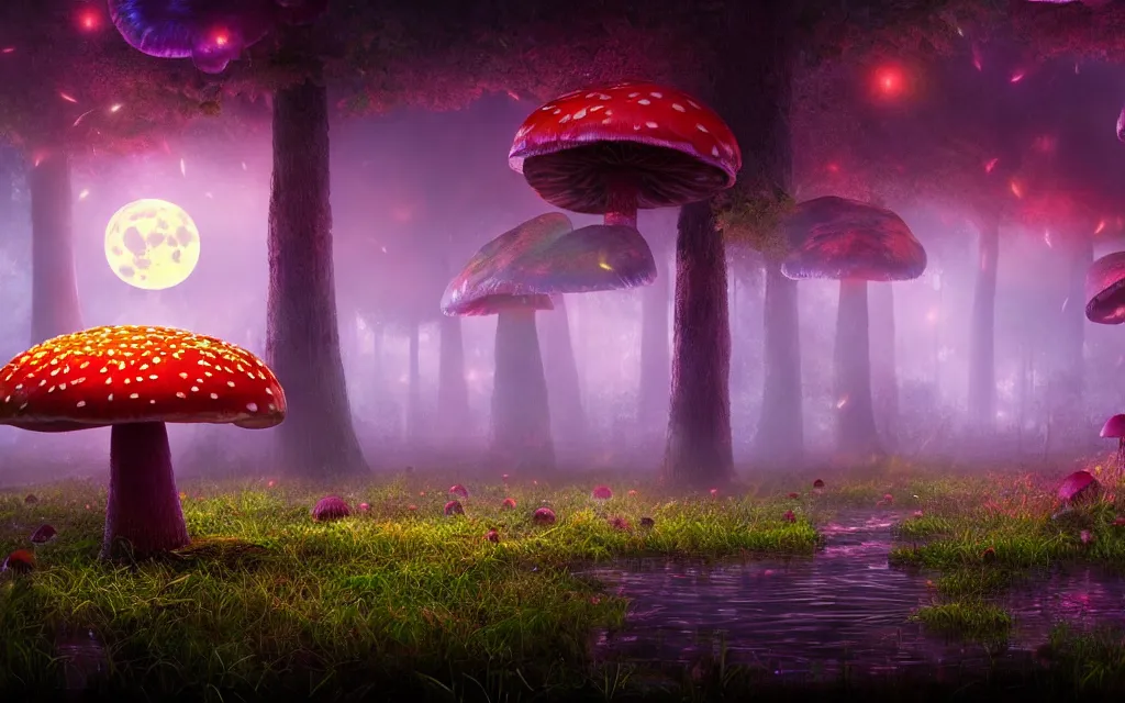 Prompt: a misty swamp with many colorful giant mushrooms, at night, fireflies!, full moon!, many trees!, beautiful lighting, fantasy colors, vivid colors!, highly detailed, octane render, 4 k, trending on artstation
