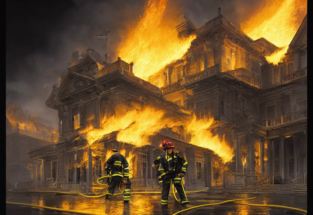 Image similar to an heroic firefighter in action in black and yellow uniform, front of the us presidential's white house, fire flames, sharp details, sharp focus, photorealistic, octane, hyper detailed, trending on deviantart, illustration, by jordan grimmer and greg rutkowski and pine ( ハイネ ), intricate