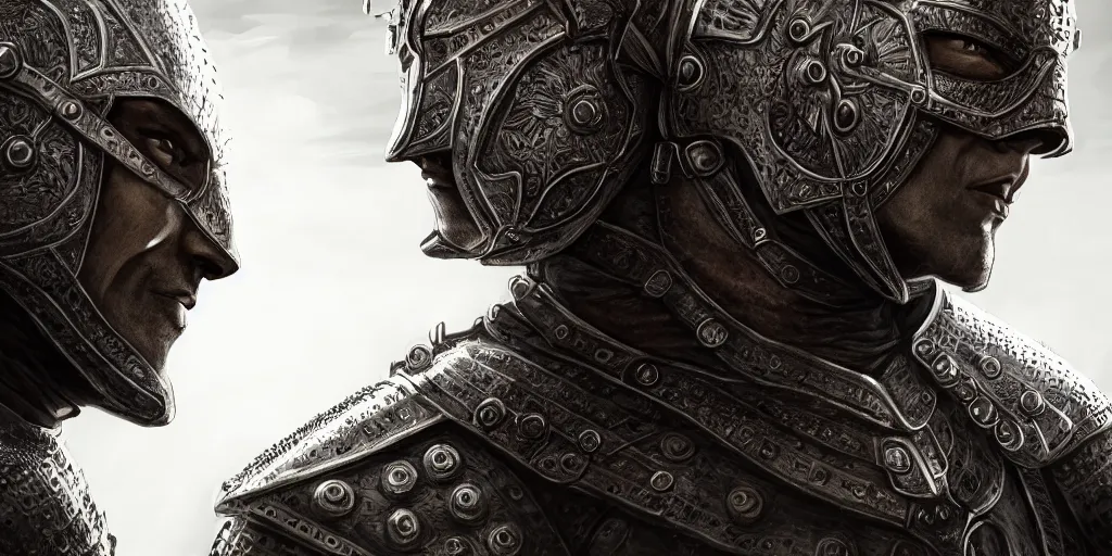 Image similar to portrait of a symmetric detailed man in realistic detailed medieval armor facing off against a monster, ultra realistic, epic, highly detailed, hd, sharp focus, cinematic lighting, realistic, vivid colors, gritty, matt painting, digital art, non blurry, sharp, artstation, concept art, smooth, illustration