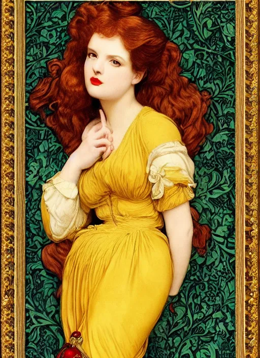 Prompt: masterpiece beautiful seductive curvey sexy pose preraphaelite portrait photography, hybrid of judy garland and zooey deschanel, straight bangs, yellow ochre ornate medieval dress, william morris and kilian eng and mucha, framed, 4 k