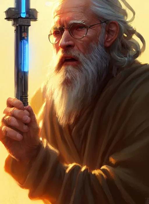 Image similar to old man with light beard, long hair, jedi, modern, colourful!! highly detailed, digital painting, artstation, concept art, sharp focus, illustration, by greg rutkowski