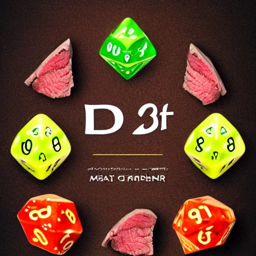 Image similar to d20 made of meat, dnd, dice, die, steak, beef, oily, glisten, juicy, gaming, in the style of food photography, food stylist, japanese restaurant menu picture,