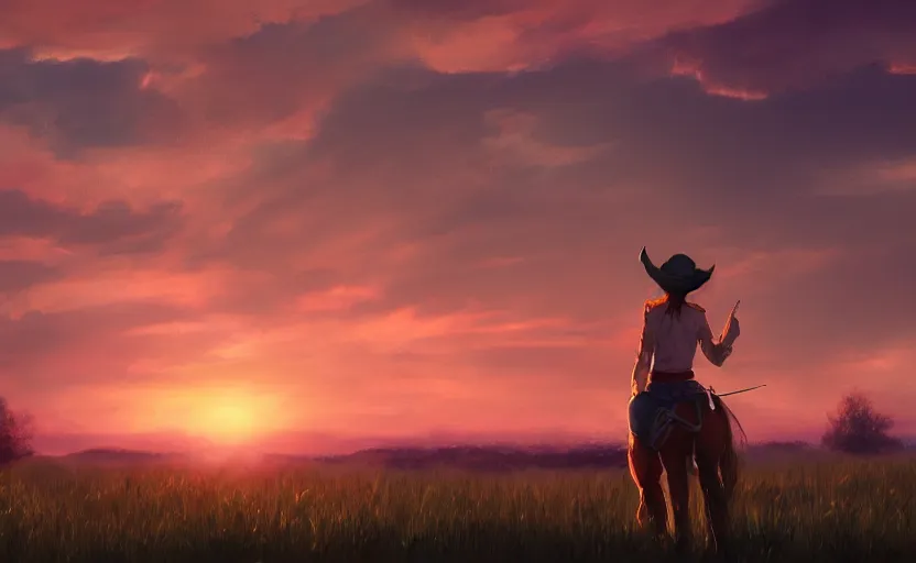 Prompt: a cowgirl watching the sunset peacefully over her farm, anime concept art, 4k