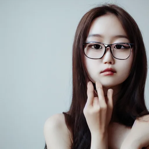 Prompt: portrait, award - winning, beautiful, cute, adorable, dark brown colored long hair, wearing round glasses and trendy clothing, korean girl, bokeh, intricate, highly detailed face and hand, 8 k