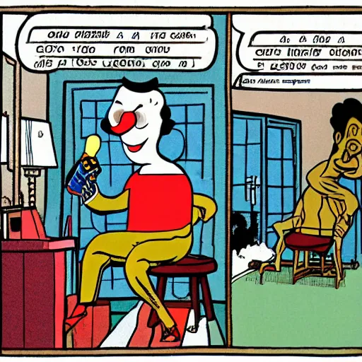 Image similar to the greek god eros who is a clown, has hurt his knee and sitting in a chair and is watching the game on tv with a beer in hand, by chris ware