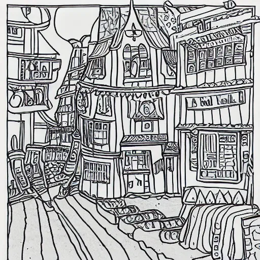 Image similar to an adult coloring page studio ghibli style town