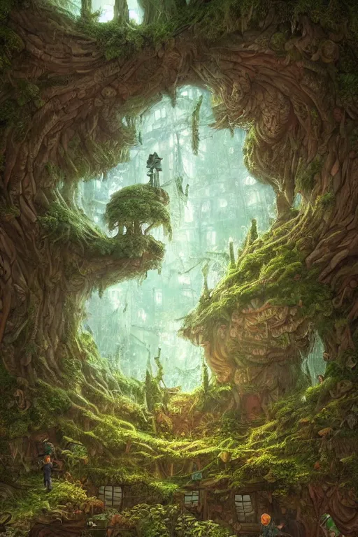 Prompt: a miniature city built into the trunk of a single colossal tree in the forest, with tiny people, in the style of andreas rocha, lit windows, close - up, low angle, wide angle, awe - inspiring, highly detailed digital art