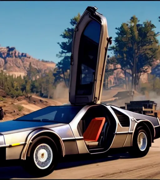 Prompt: bttf delorean in rdr2, full show, entire car in view, trending on Instagram, photo