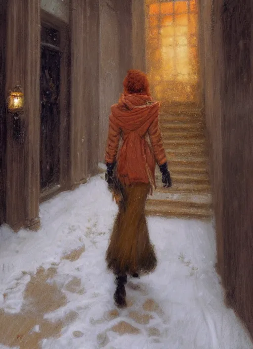 Prompt: back of emma stone in beige coat, orange hair, walking into new york apartment building in winter, opening door, building entrance, artwork by gaston bussiere, craig mullins, trending on artstation