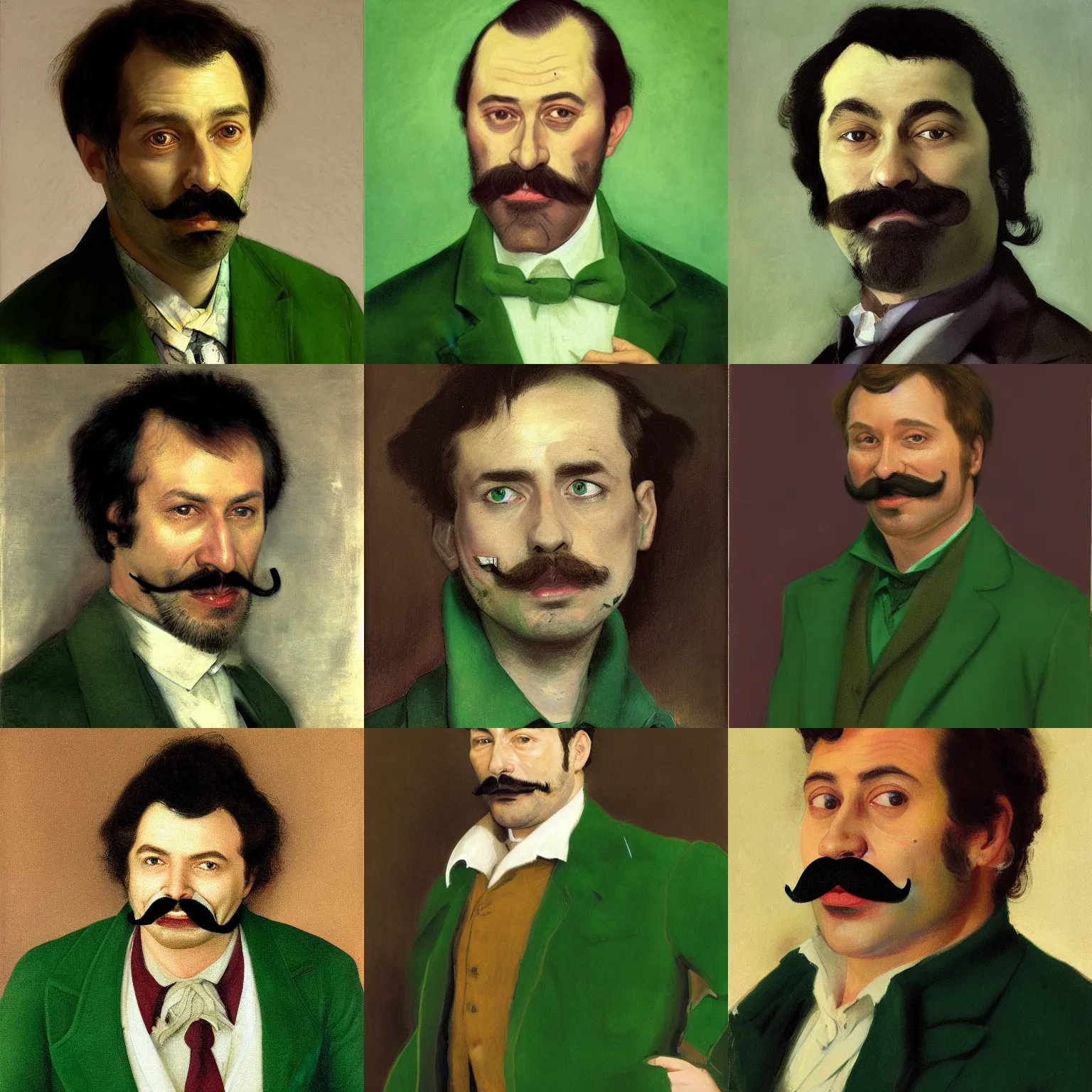 Prompt: portrait of a melancholy detective wearing a seventies green blazer with a tapered collar, mutton chops and a moustache, looking soulfully at the camera and grinning with bloodshot eyes, 44 years old mature caucasian male, Ilya Repin, Jenny Saville, Alex Kanevsky, Wassily Kandinsky, expressive portrait, videogame avatar
