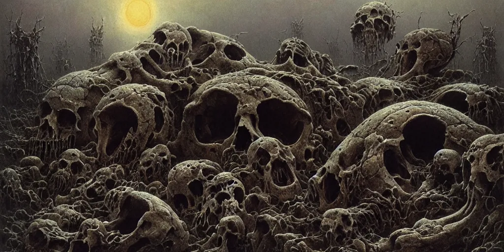 Image similar to wasteland of malformed mammal skulls, Zdzislaw Beksinski, Wayne Barlowe, gothic, cosmic horror, dystopian, biomorphic, lovecraftian, amazing details, cold hue's