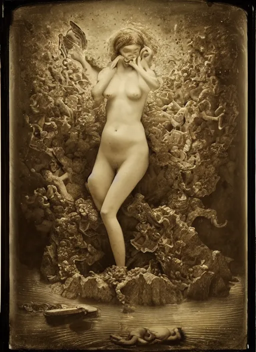 Image similar to old wetplate daguerreotype birth of venus in times of cholera, fractal, intricate, elegant, highly detailed, parallax, leica, medium format, subsurface scattering, by jheronimus bosch and greg rutkowski and louis jacques mande daguerre