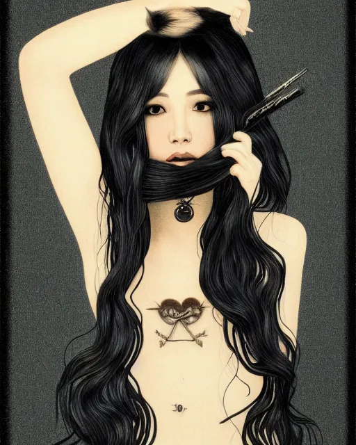 Prompt: A portrait painting of a gorgeous woman long black hair, in the style of Audrey Kawasaki, octane render, highly detailed