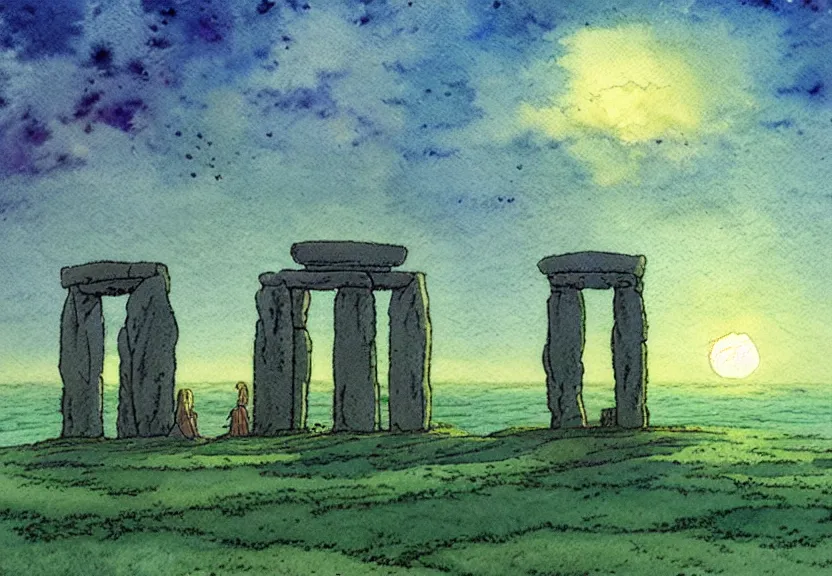 Prompt: a simple watercolor studio ghibli movie still fantasy concept art of a giant druid standing in stonehenge in the ocean. it is a misty starry night. by rebecca guay, michael kaluta, charles vess