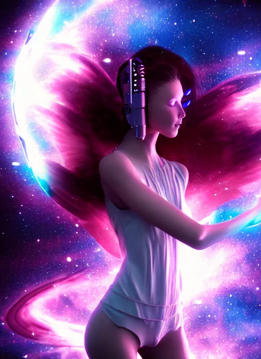 Prompt: portrait of beautiful angel girl with wings like a galaxy in space holding the universe in her hands, cyberpunk, 3 d render, hyper realistic detailed, scifi, fantasy, octane render, concept art