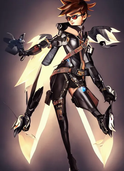 Image similar to full body artwork of tracer overwatch wearing leather collar, angel wings, dramatic painting, symmetrical composition, wearing detailed leather collar, black shiny armor, chains, black harness, detailed face and eyes,