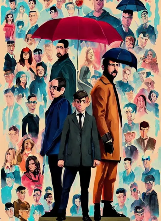 Prompt: poster from netflix show'the umbrella academy'done in gouache style, impressionistic, colorful, digital art, oil paintings, watercolor