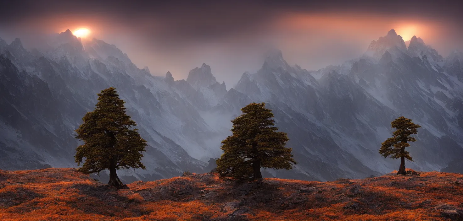 Prompt: amazing landscape photo of a lone cedar tree on a mountain by marc adamus, beautiful dramatic lighting