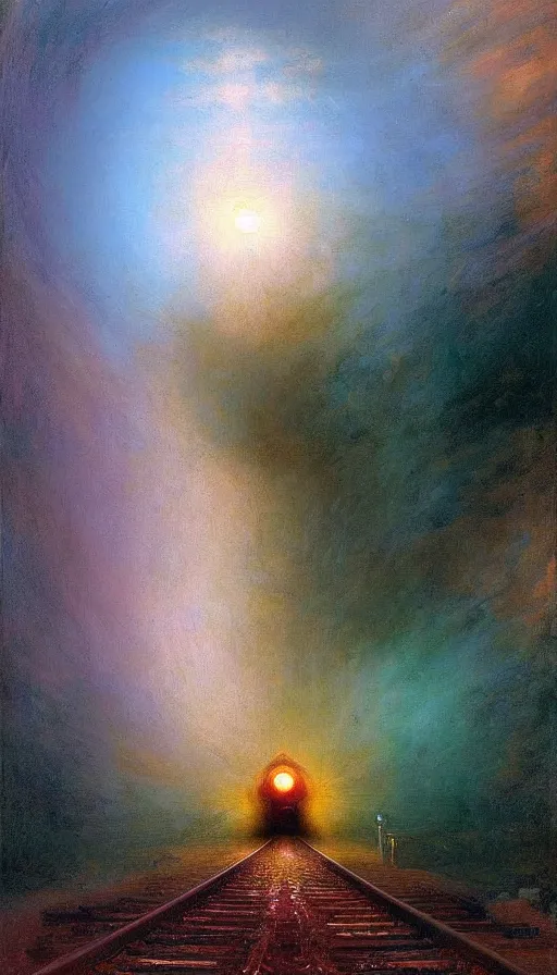 Image similar to a train driving through a psychedelic tunnel, by ivan aivazovski,