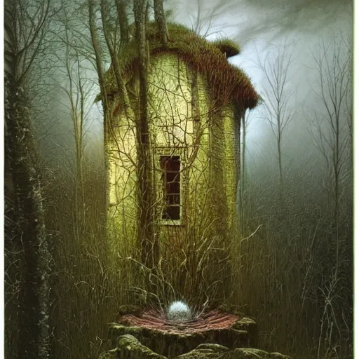 Image similar to small cottage in the forest by zdzisław beksinski, marco mazzoni, peter gric, oil on canvas, highly detailed, whimsical, fantasy