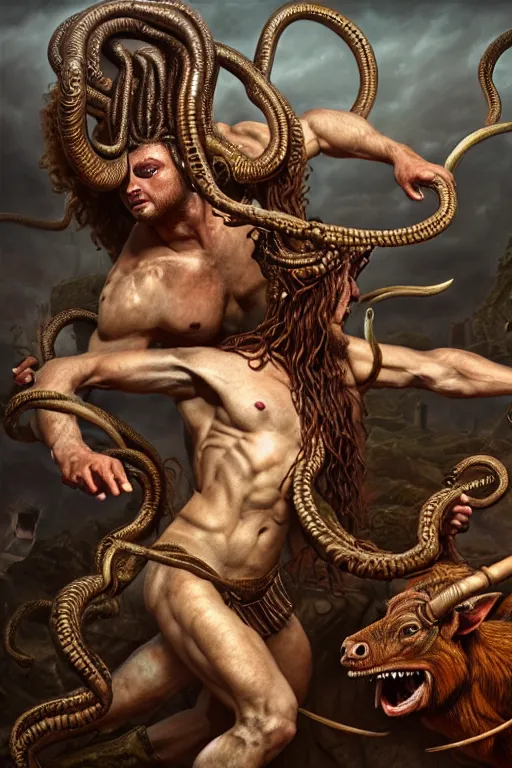 Image similar to minotaur vs medusa gorgon, realistic, detailed, highly detailed, hyper detailed, high definition, extremely detailed oil painting, beautiful composition, trending on artstation, award - winning photograph, masterpiece, intricate, portrait, 8 k highly professionally detailed, hdr, cgsociety