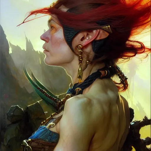 Prompt: highly detailed portrait of a fantasy rogue in the form of a beautiful halfling. d & d. art by donato giancola, eugene delacroix, ruan jia, carl larsson, peter mohrbacher. trending on artstation, intricate details, energetic composition, concept art, illustration, elegant art, global illuminaition