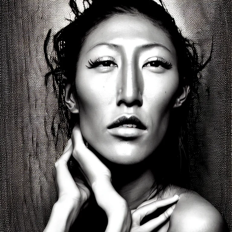 Prompt: photography face portrait on a tropical wallpaper background of a beautiful woman like dichen lachman, black and white photography portrait, skin grain detail, high fashion, studio lighting film noir style photography, by richard avedon, and paolo roversi, nick knight, hellmut newton,