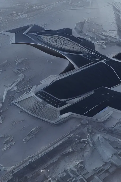 Prompt: professional landscape photograph of a large beautiful neo - futuristic matte symmetrical stealth bomber docked at spaceport by joseph cross, denis villeneuve, emmanuel shiu, zaha hadid, vapor, stunning cinematic architectural scale, dramatic, volumetric, concept art, hard surface, hyperrealism, very high detail, trending on artstation, sharp focus, rendered in octane