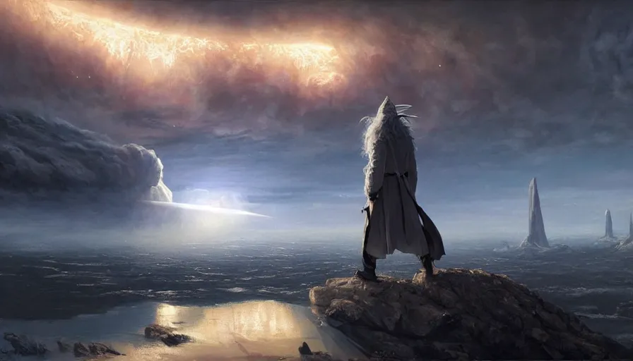 Prompt: a beautiful painting of gandalf watching many nuclear explosions destroy an alien world, ray traced lighting by jean kalin popov and greg rutkowski