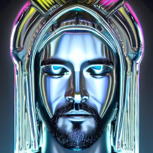 Image similar to chrome jesus, glossy, metallic, neon, symmetrical, tribal patterns, realistic, unreal engine, octane, redshift, artstation, behance