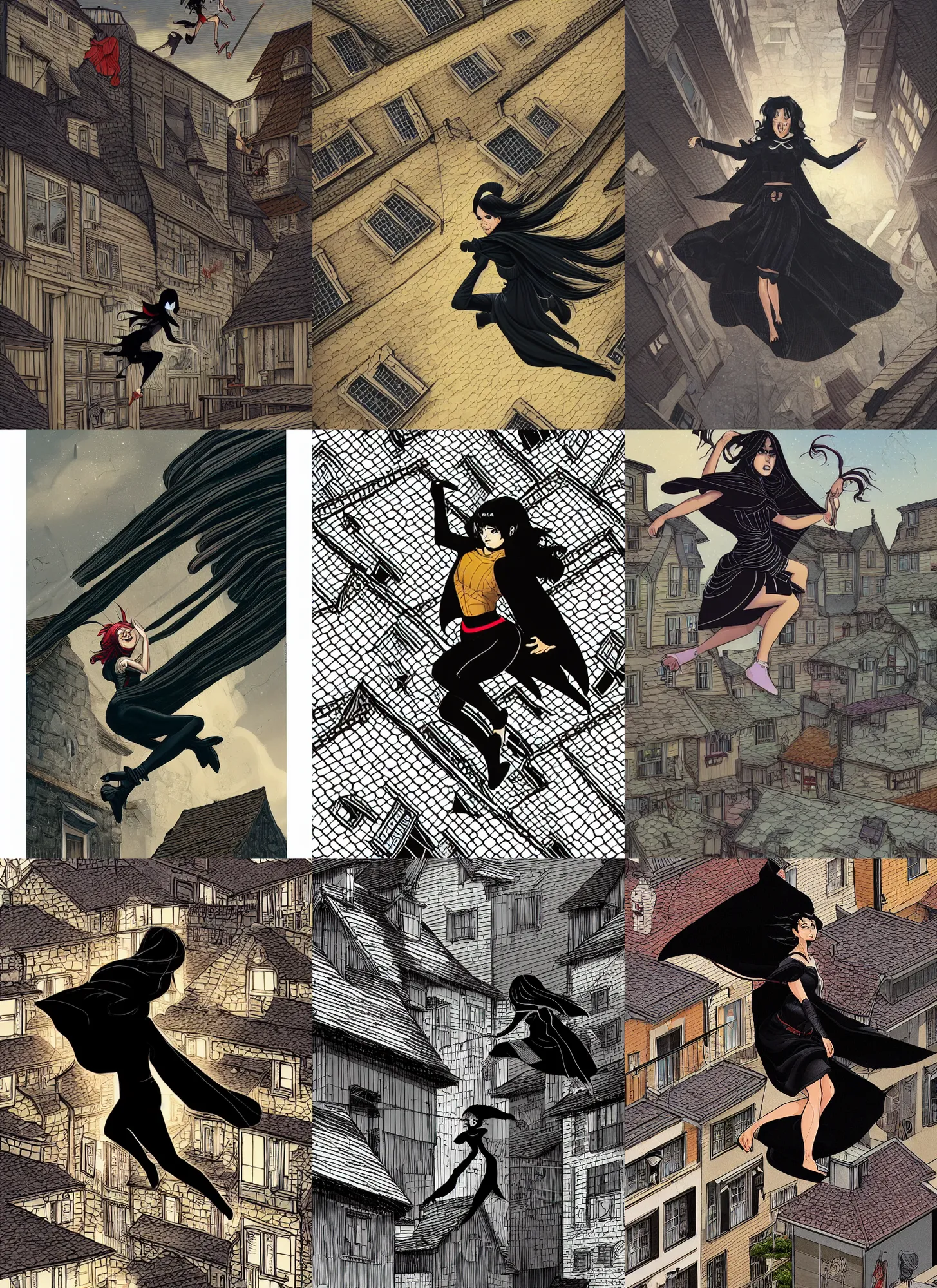 Prompt: illustration of a woman jumping between small houses, black hair wearing black clothes and cape made of long strips of fabric, medieval town landscape, trending on artstation, by dan mumford, yusuke murata, makoto shinkai, ross tran, josan gonzalez, cel shaded, flat colors