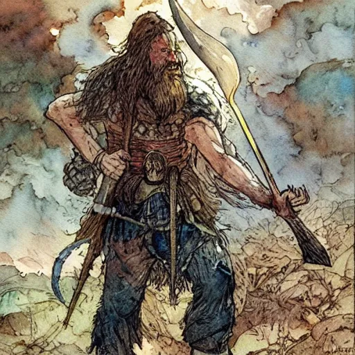 Prompt: a realistic and atmospheric watercolour fantasy concept art of viking with an axe, muted colors. by rebecca guay, michael kaluta, charles vess and jean moebius giraud,