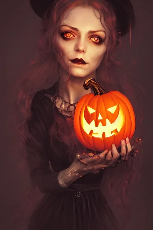 Image similar to portrait of a ghoulish victorian witch holding a jack - o - lantern, halloween night, charlie bowater, artgerm, ilya kuvshinov, krenz cushart, ruan jia, realism, ultra detailed, 8 k resolution