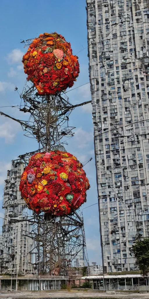 Image similar to giant grotesque flower in the middle of abandoned post soviet constructivist cityscape, ultradetailed by Josan Gonzalez and Giuseppe Arcimboldo