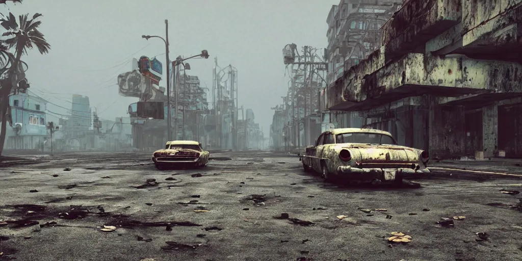 Prompt: wide angle shot of dilapidated fallout 5 tropical coastal city in real life, desolate, dilapidated, empty streets, nightmarish, some rusted retro futuristic fallout vintage style parked cars, overcast, blankets of fog pockets, rain, volumetric lighting, photorealistic, daytime, autumn, sharp focus, ultra detailed, cgsociety