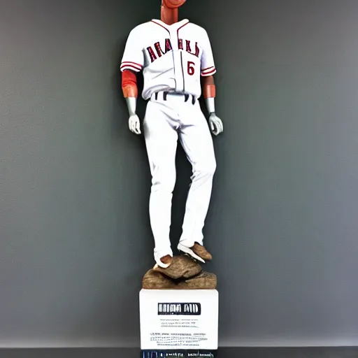 Image similar to “a realistic detailed photo of a guy who is an attractive humanoid who is half robot and half humanoid, who is a male android, baseball player Mike Trout, shiny skin, posing like a statue, blank stare, on the baseball field, on display”