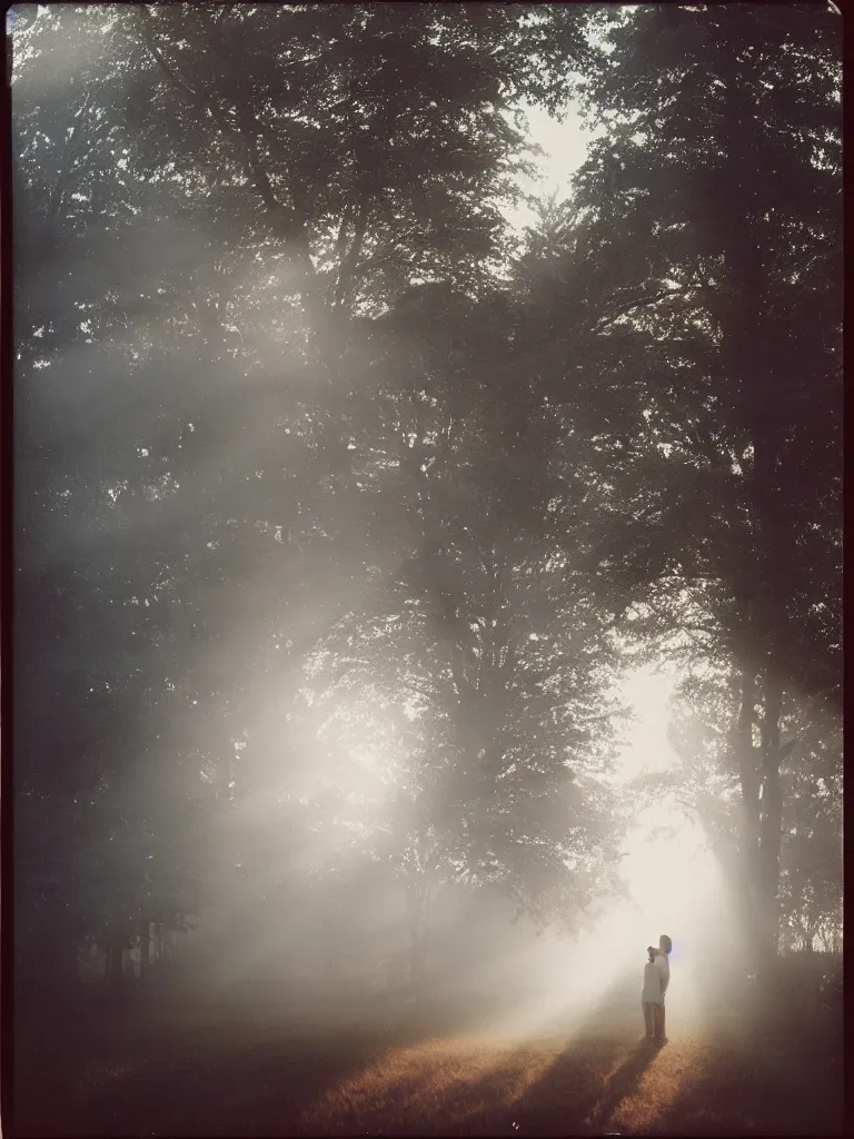 Prompt: a boy and a girl side by side, posing for a picture, a ray of light between their faces, god rays through fog, nostalgic, night, some trees in the background, dramatic reddish light, atmospheric, 1 9 7 0 s polaroid