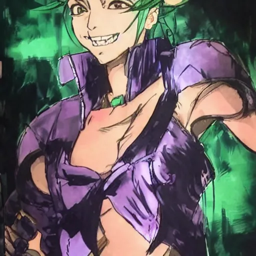 Image similar to jolyne cujo smiling, yoji shinkawa