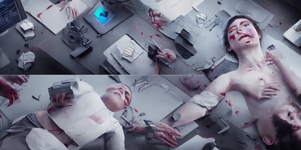 Image similar to realistic cinematic views of corpses as business professionals plugging their skin into a computer, hyper detailed, hyper realistic, digital painting, 8k, 35mm film grain, octane render