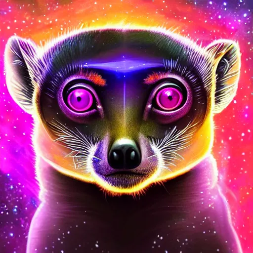 Image similar to Geometric symmetrical lemur with galaxy eyes in space, nebula in the background, intricate, elegant, highly detailed, digital painting, artstation, concept art, smooth, sharp focus, illustration, art by artgerm