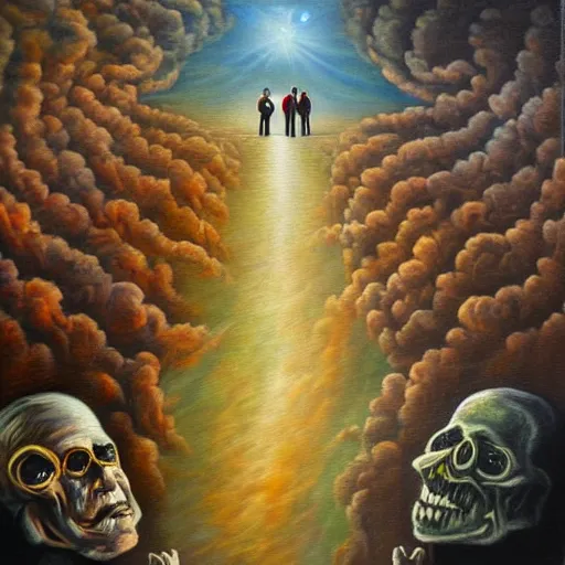 Image similar to couple walking hand in hand, in heaven and hell at the same time, surrealistic oil painting, beautiful, intricate, hell in the bottom, heaven in the top, very detailed