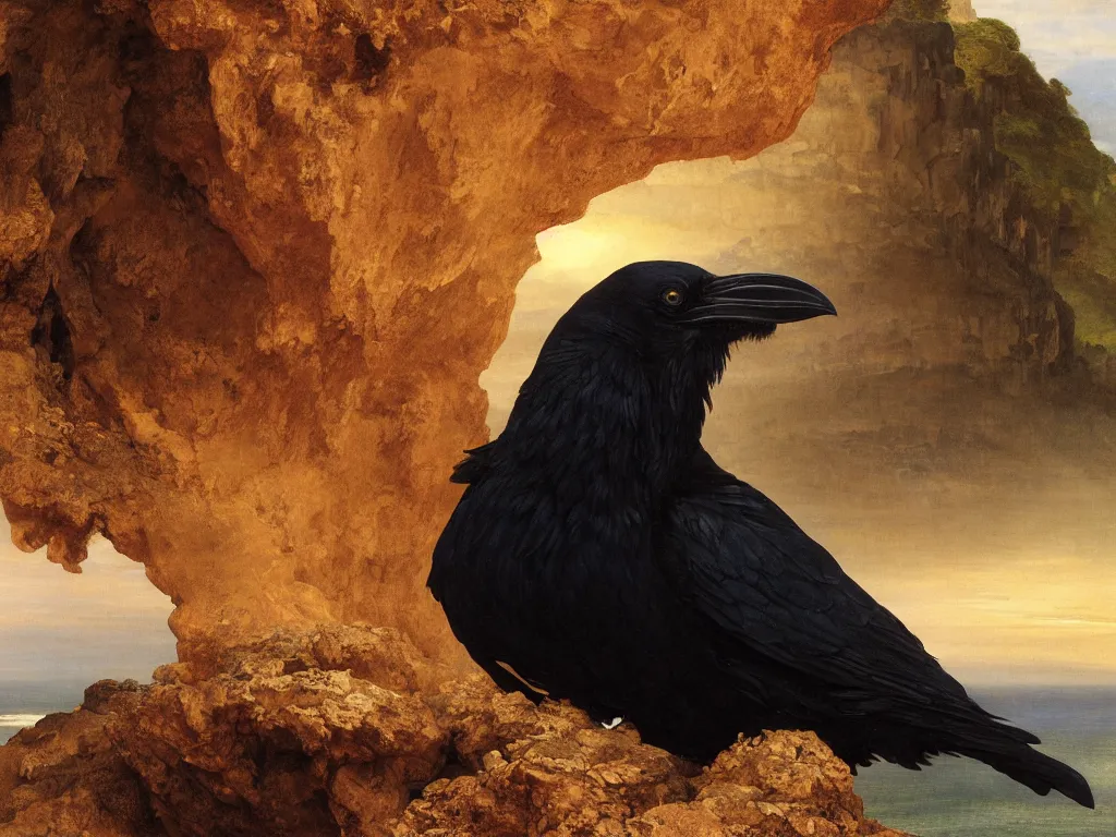 Image similar to a breathtakingly stunningly beautifully highly detailed close up portrait of a raven under a rock arch, epic coves crashing waves plants, beautiful clear harmonious composition, dynamically shot, wonderful strikingly beautiful serene sunset, detailed organic textures, by frederic leighton and rosetti and turner and eugene von guerard, 4 k