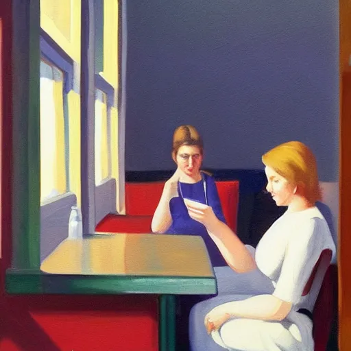 Image similar to a painting of a woman sitting in a bar scrolling on her smartphone in the style of edward hopper