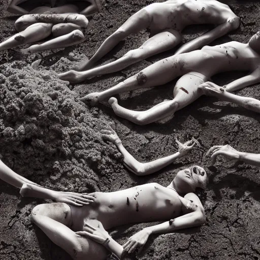 Prompt: bodies on the ground, slowly absorbed by the dirt, digital art, award winning, horror, uhd, 8 k,