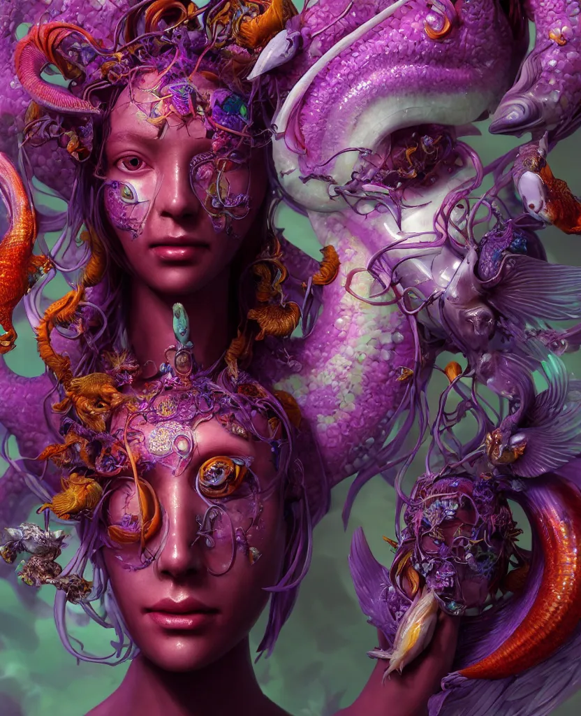 Image similar to goddess full color painted acryllic sculpture close-up portrait. orchid bird phoenix head, nautilus, skull, betta fish, bioluminiscent creatures, intricate artwork by Tooth Wu and wlop and beeple. octane render, trending on artstation, greg rutkowski very coherent symmetrical artwork. cinematic, hyper realism, high detail, octane render, 8k